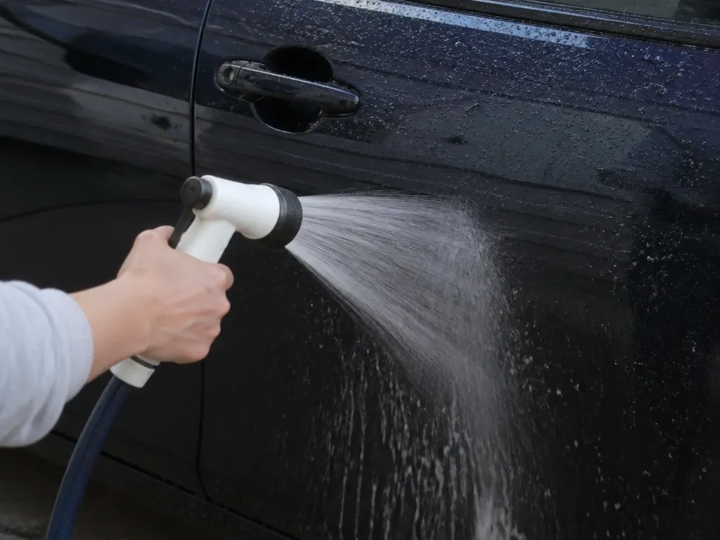 ホースで車のボディを水洗いする様子