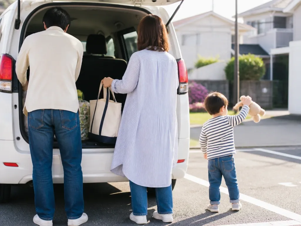 週末に家族で車へ荷物を積み込む様子