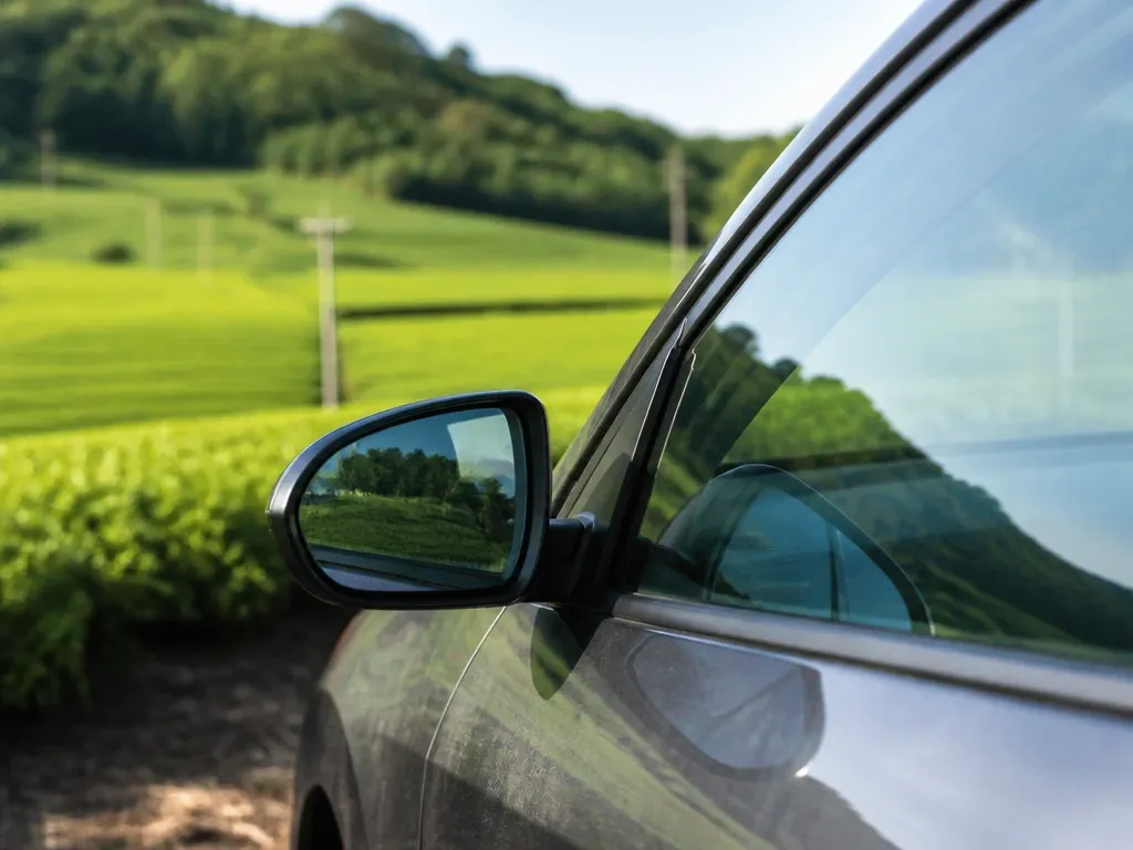 一面の茶畑のそばに停まる車