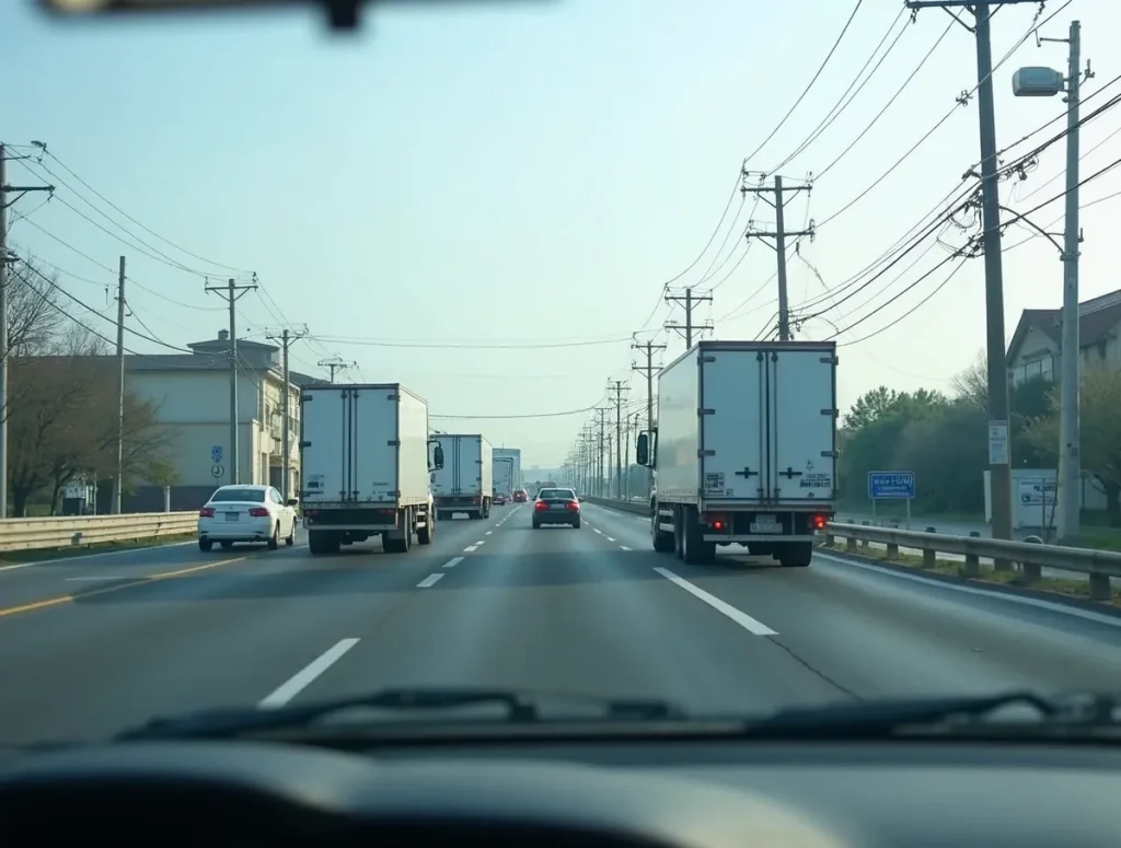 幹線道路を走行する車内から見た、トラックが行き交う交通量の多い道路