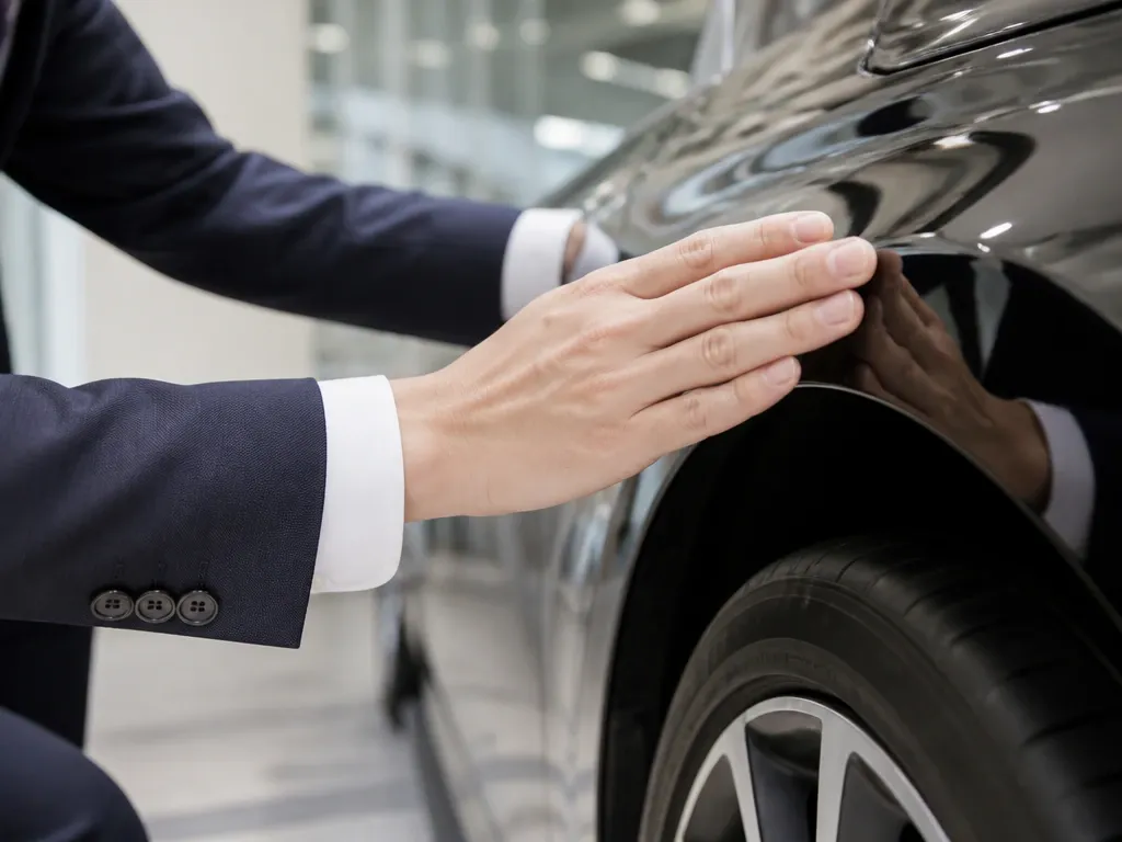 スーツ姿の担当者が車のボディを確認する様子